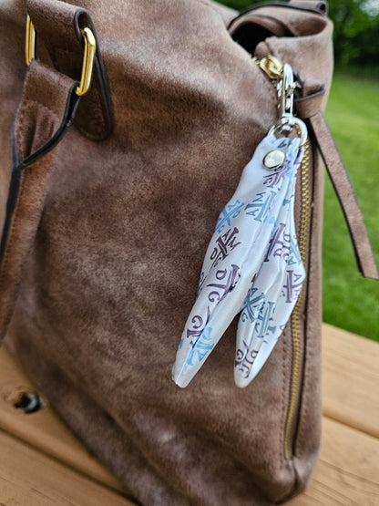 Satin Ribbon keychain bag charm in Catholic fabrics