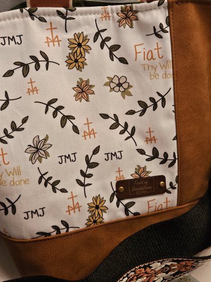 Fiat Crossbody Tote with handles White Catholic fabric handmade