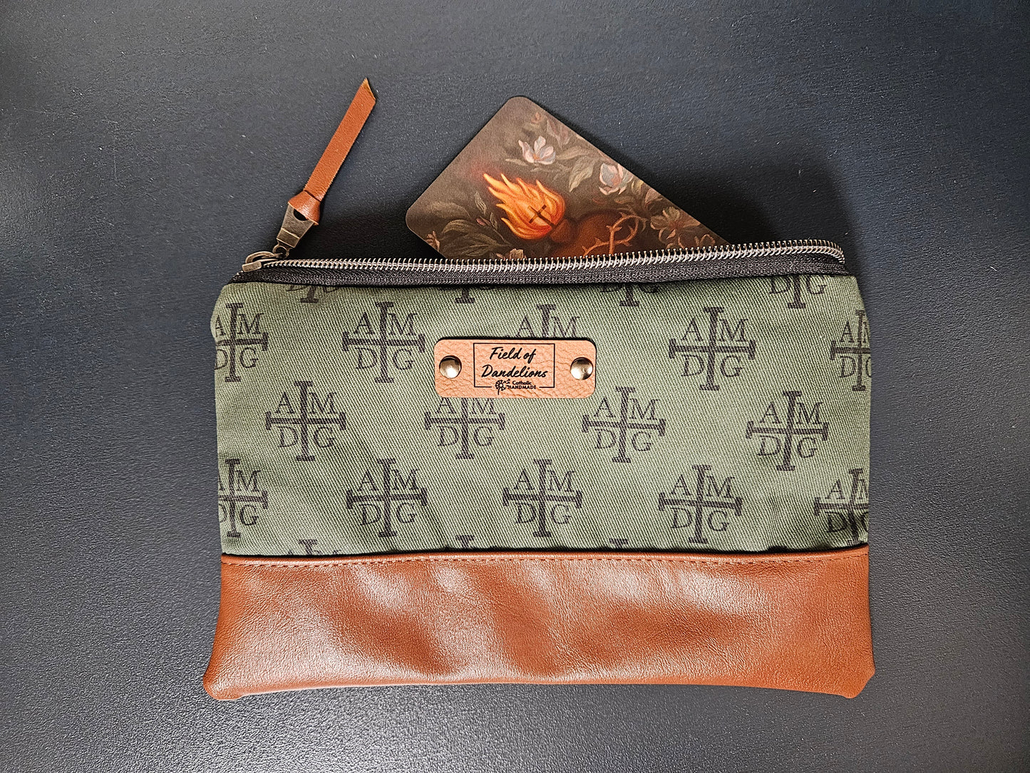 AMDG Green For the Greater Glory of God clutch pouch Catholic handmade prayer card veil pouch