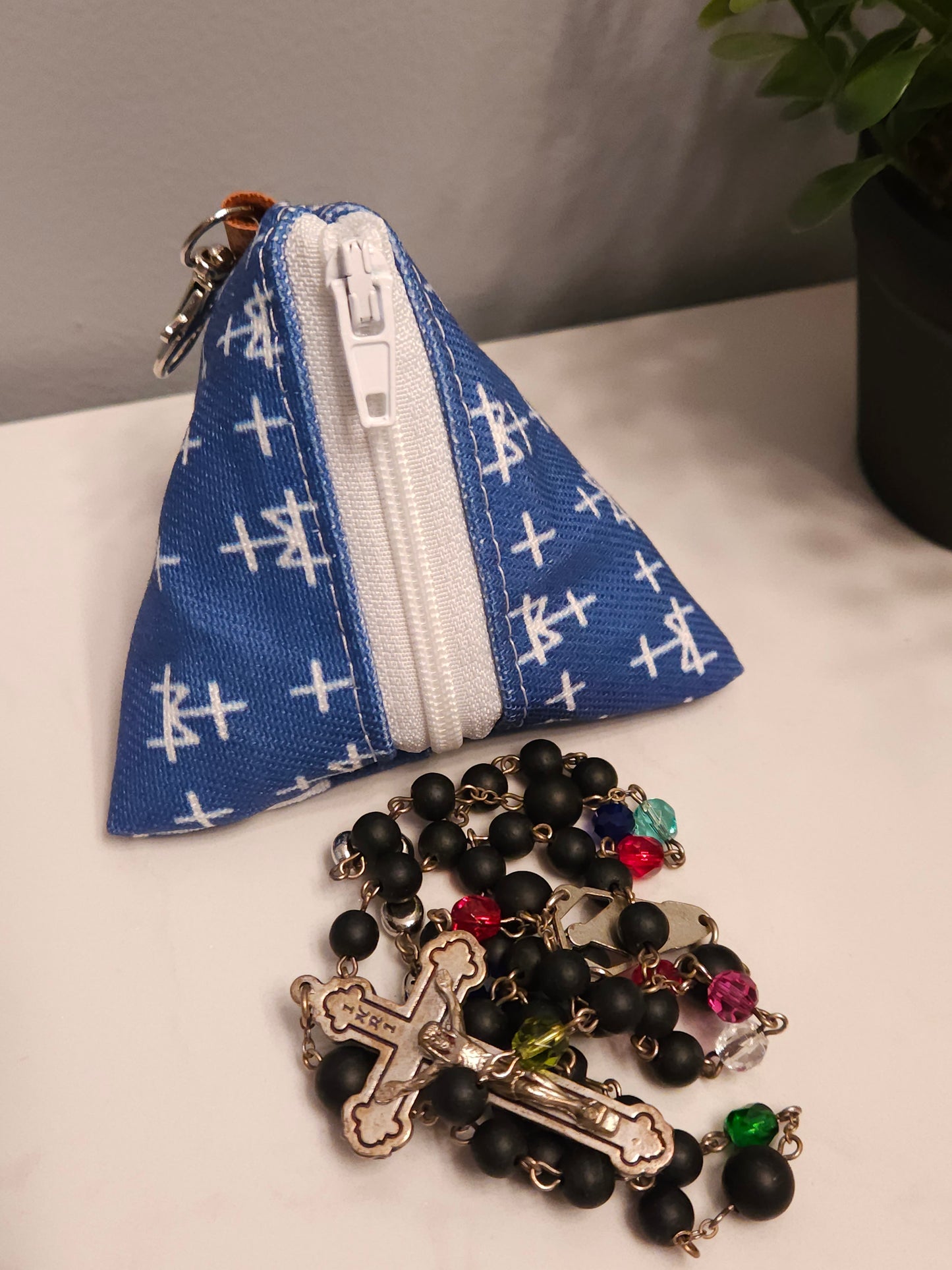 Triangle Rosary/Earbud cases featuring Catholic fabric in Marian symbols