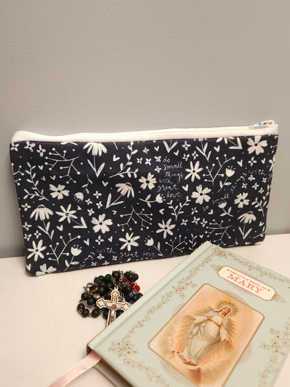 Small Things Great Love navy zippered pouch Christian motto by Mother Teresa