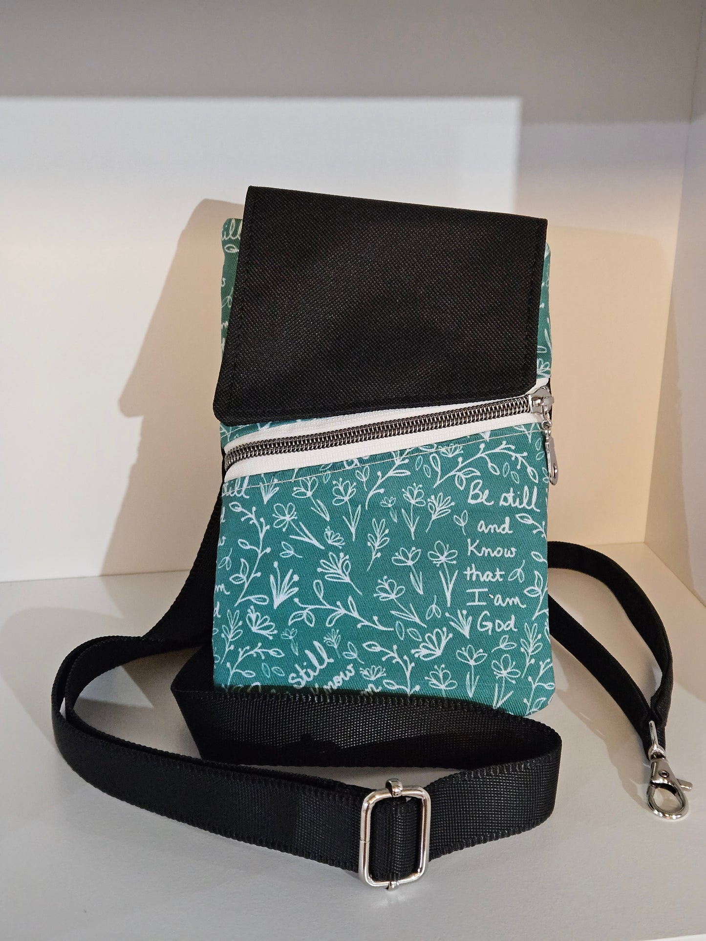 Phone Purse Be Still and Know that I am God Catholic Christian fabric crossbody purse with belt loop and wristlet options