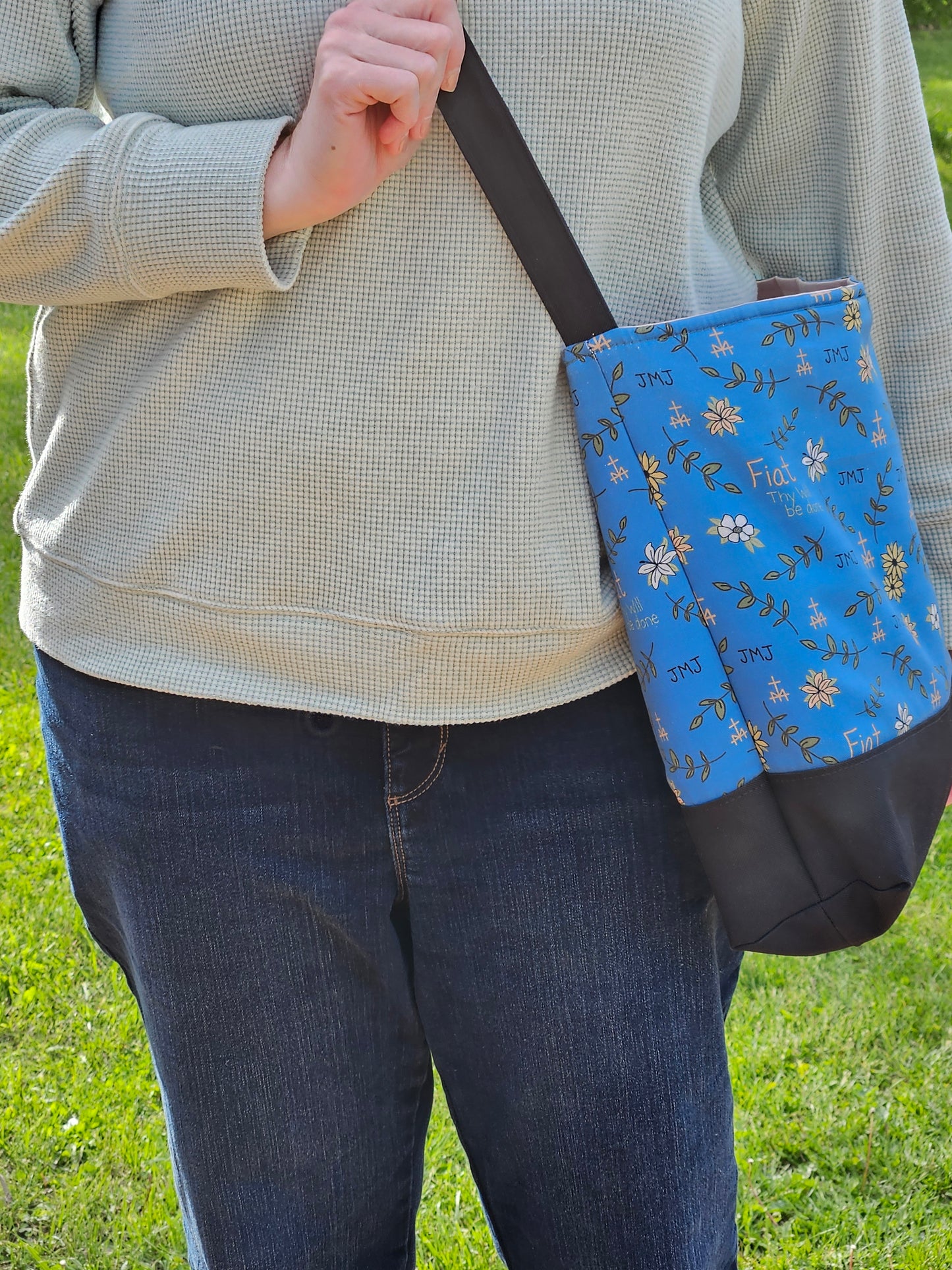 Fiat Thy Will be Done XL Crossbody Dusty Blue tote Catholic handmade purse