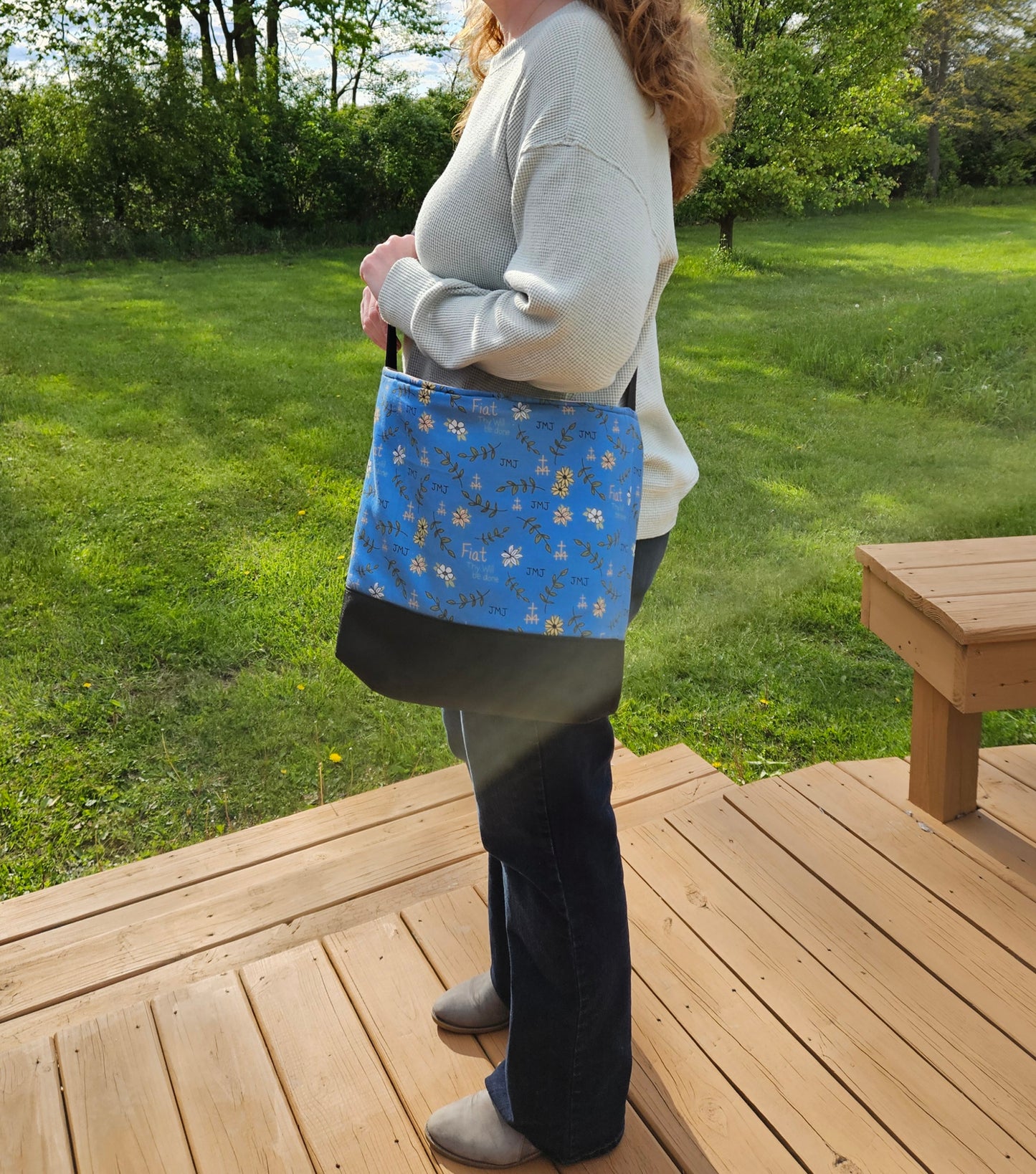 Fiat Thy Will be Done XL Crossbody Dusty Blue tote Catholic handmade purse