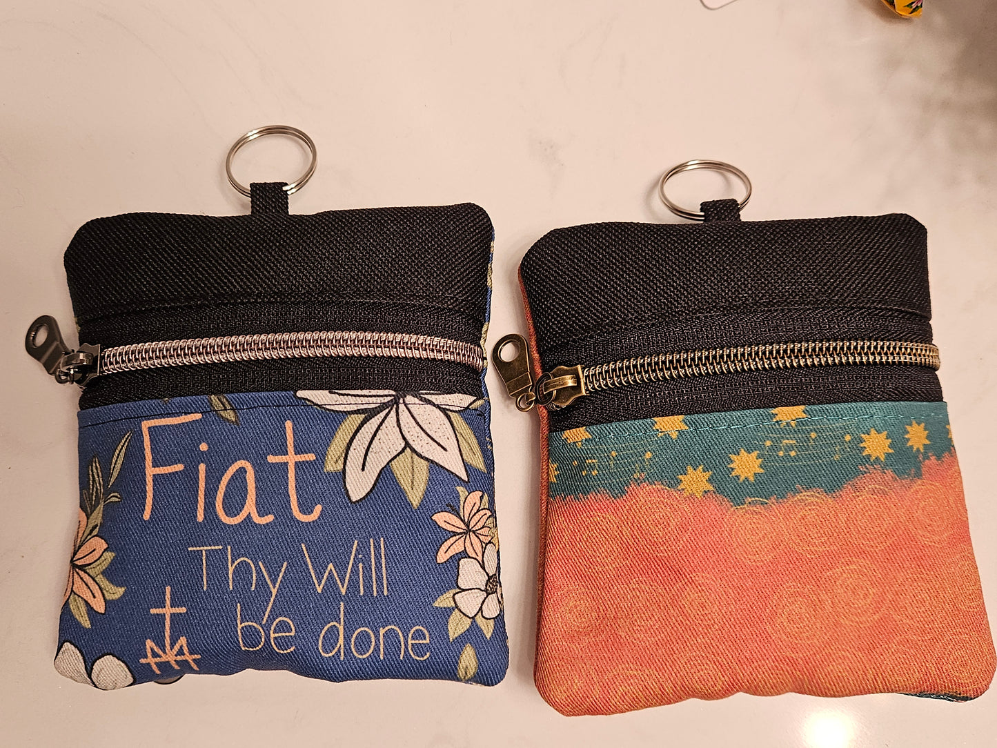 Double-sided zipper pouch with keyring Christian Catholic fabric pouch