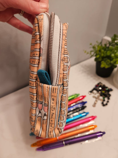Pencil Case with Mother Teresa's "I am a Little Pencil in God's Hand" fabric 7.5x7.5 inches