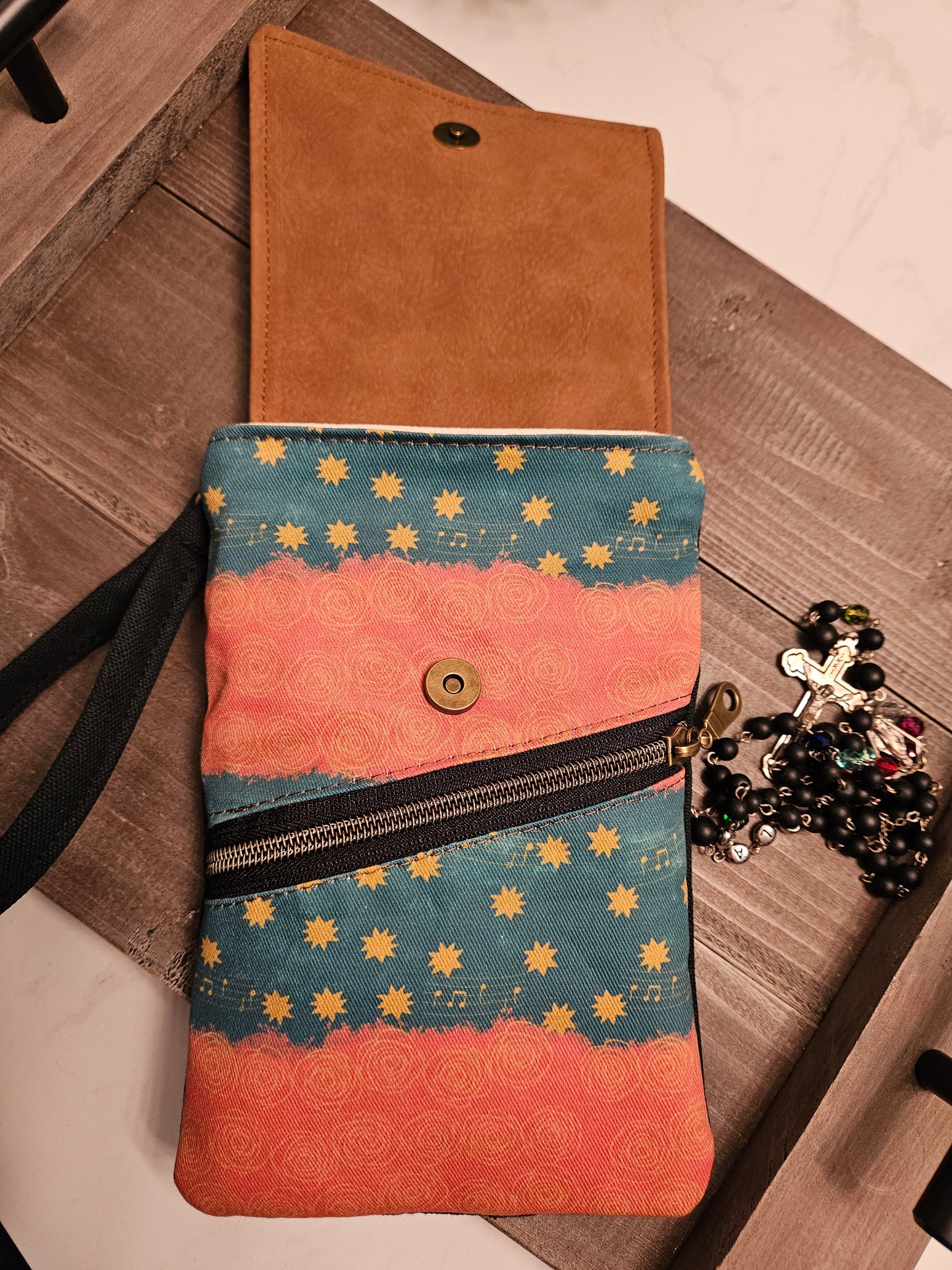 Phone Purse of Our Lady of Guadalupe Music and Stars Catholic fabric Wristlet option