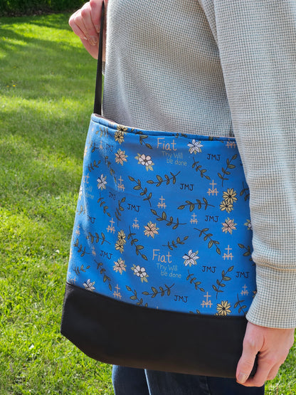 Fiat Thy Will be Done XL Crossbody Dusty Blue tote Catholic handmade purse