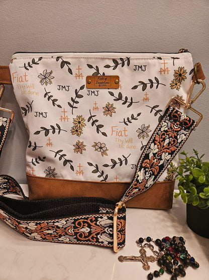 Asymmetrical Crossbody purse of Fiat Thy Will be Done Catholic fabric