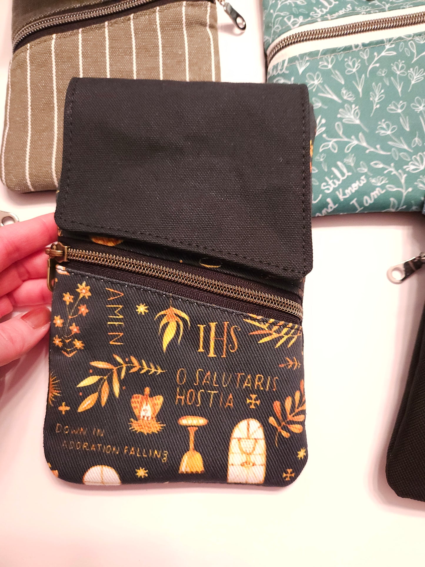 Phone Crossbody Purse Latin Adoration Catholic fabric with wristlet option and belt loop