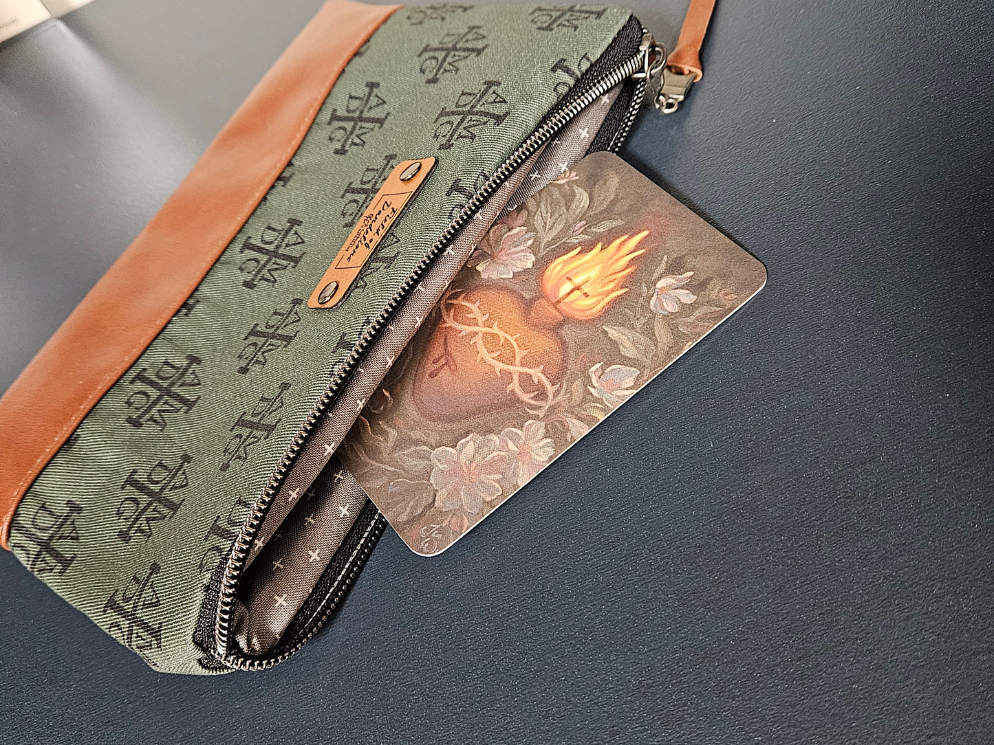 AMDG Green For the Greater Glory of God clutch pouch Catholic handmade prayer card veil pouch