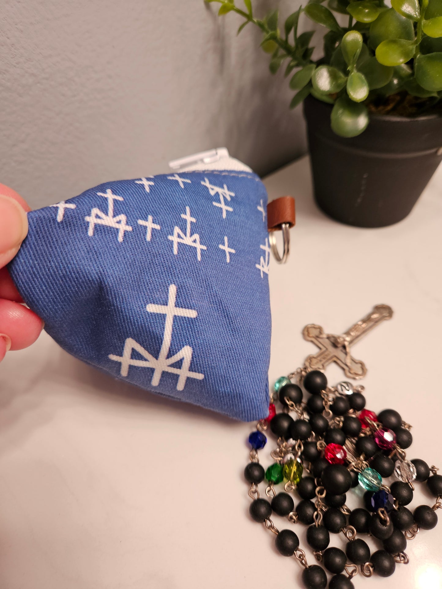 Triangle Rosary/Earbud cases featuring Catholic fabric in Marian symbols