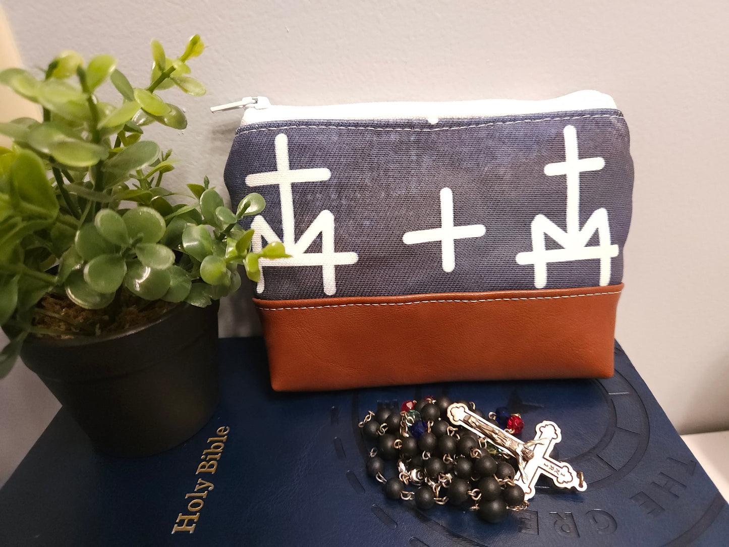 Denim Marian M small boxy pouch Miraculous Medal design