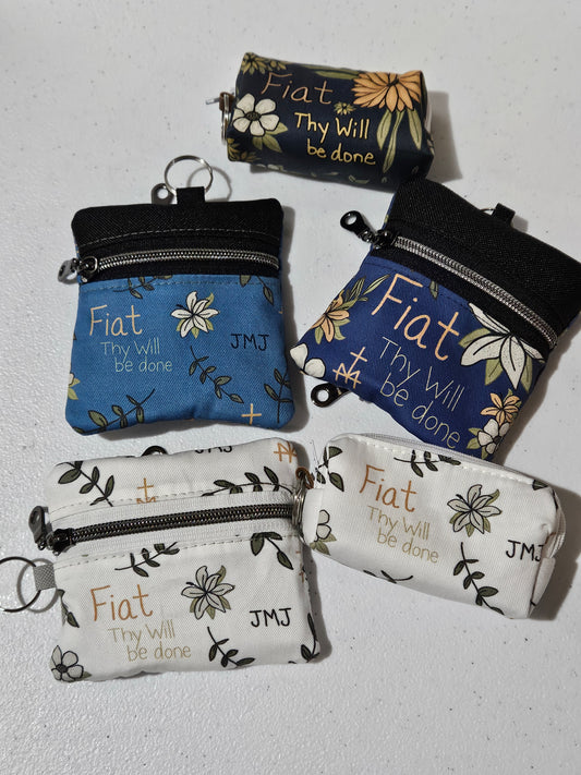 Fiat Thy Will be Done Small pouches- double zippered pouches and boxy pouches in Catholic fabrics