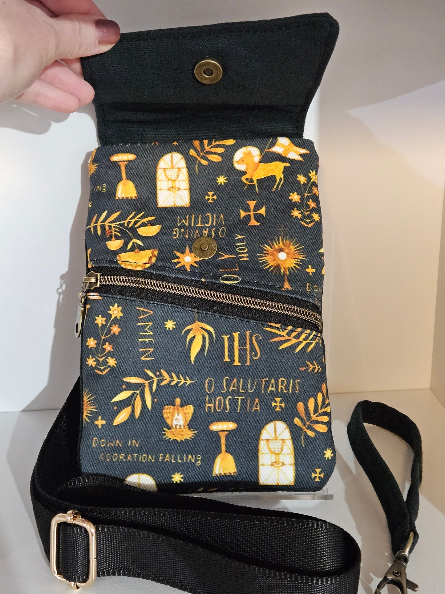 Phone Crossbody Purse Latin Adoration Catholic fabric with wristlet option and belt loop