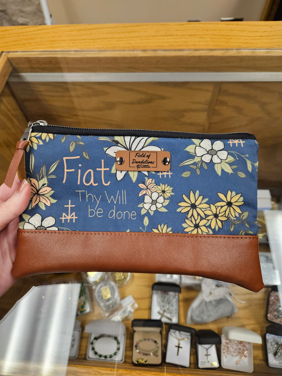 Fiat Blue Carry-all clutch with St. Joseph's lily Catholic handmade gift