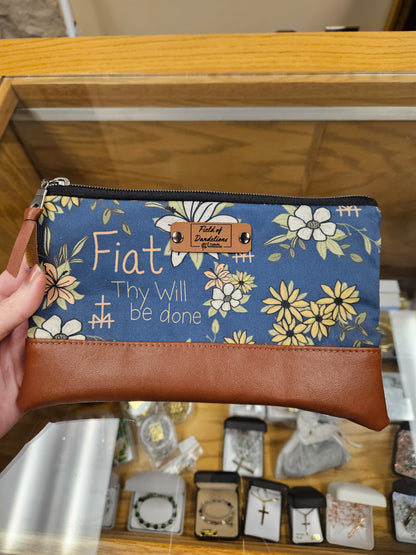 Fiat Blue Carry-all clutch with St. Joseph's lily Catholic handmade gift