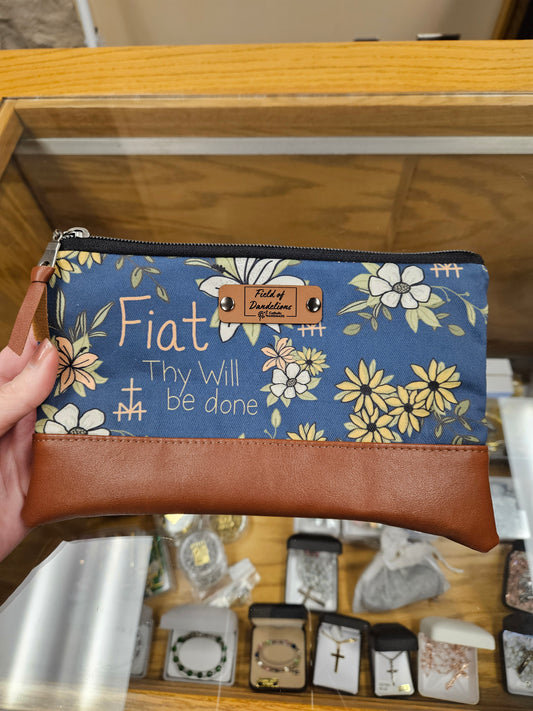 Fiat Blue Carry-all clutch with St. Joseph's lily Catholic handmade gift