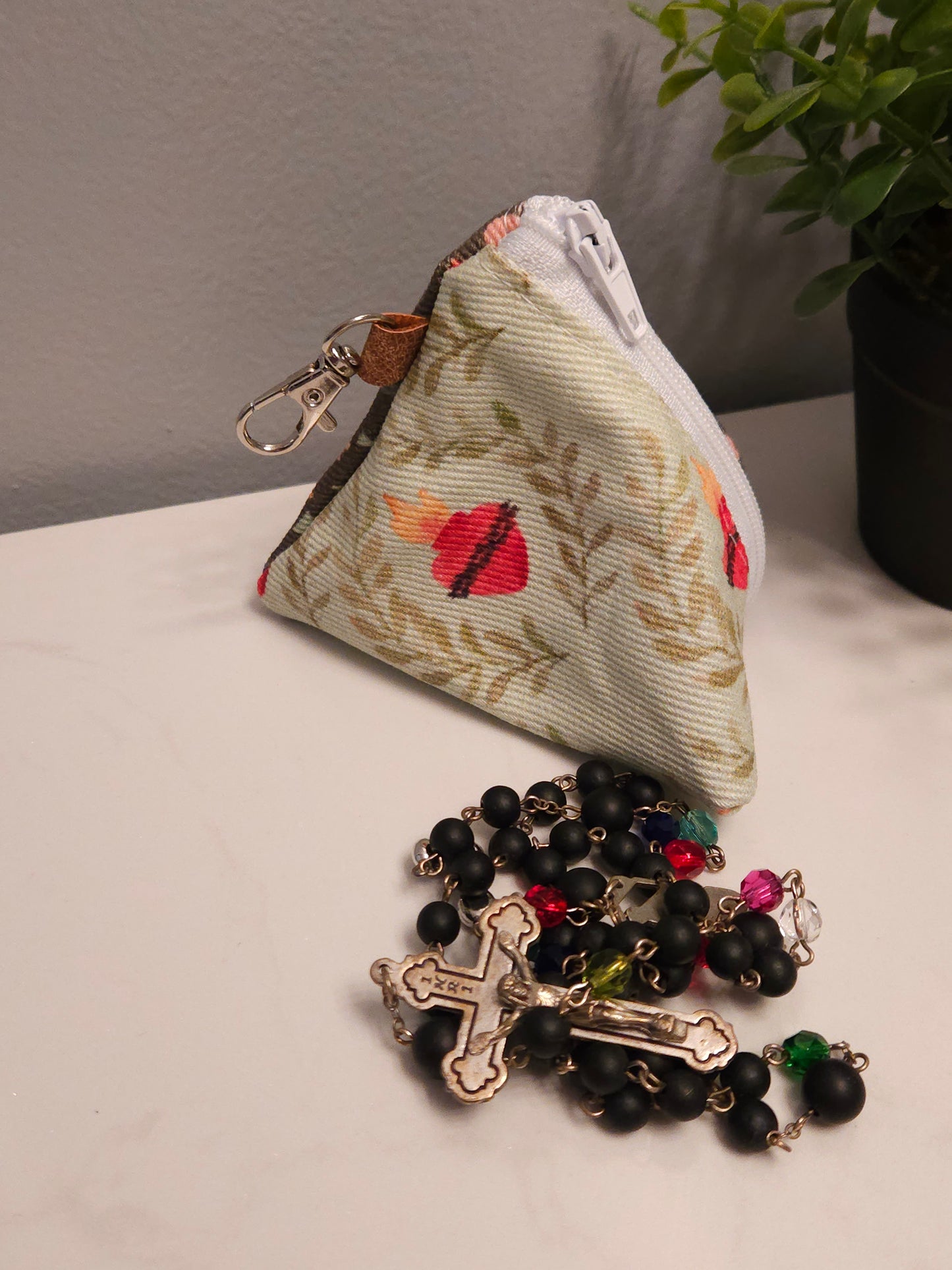 Triangle Rosary/Earbud cases featuring Catholic fabric in Marian symbols