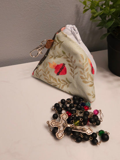 Triangle Rosary/Earbud cases featuring Catholic fabric in Marian symbols
