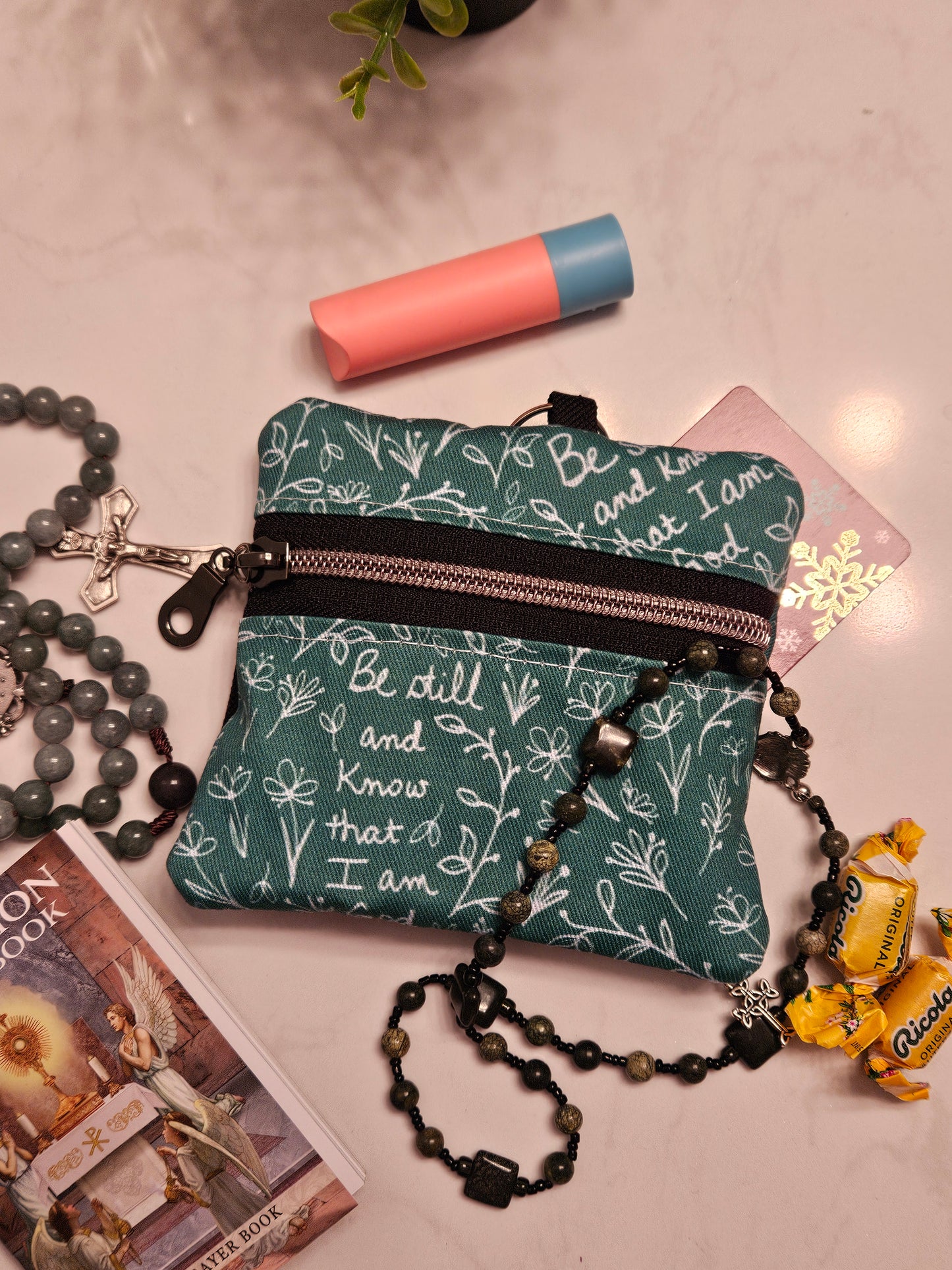 Double-sided zipper pouch with keyring Christian Catholic fabric pouch