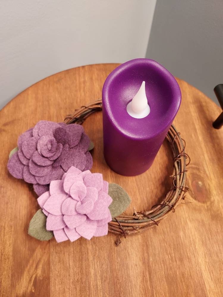 Lent wreath Purple succulent felt flower w/ flameless purple candle/Catholic Christian decor/classroom prayer table/Bible study gift/Advent