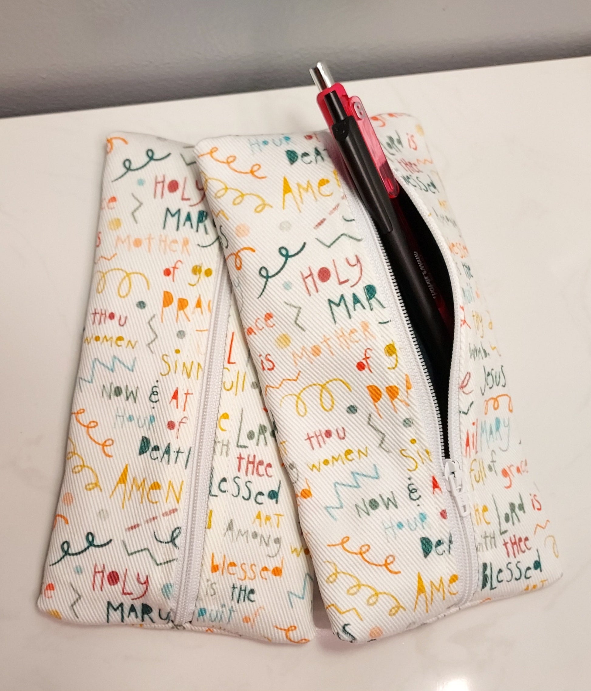 Hail Mary Scribbles Catholic Fabric Pencil Pouch for Journal Bibles & Planners/Easter Confirmation First Communion Adoration gifts