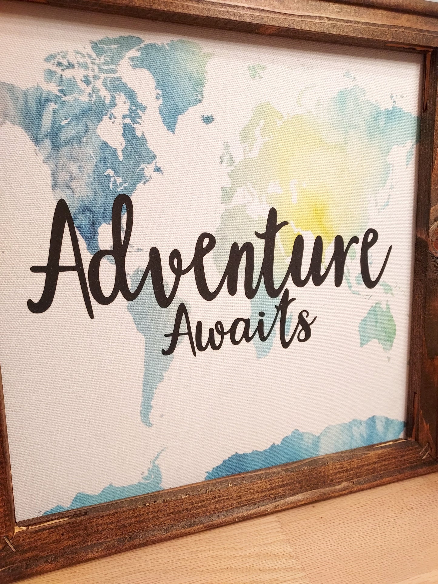 Adventure Awaits framed 12x12 Canvas Sign/World Traveler/Resolution reminder/Wanderer/Apartment decor/Graduate gift